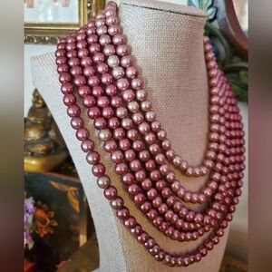 Vintage 6 Strand Bead Necklace Pastel Berry Shell Pink KS